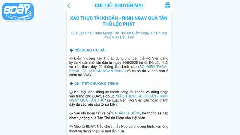 Code trải nghiệm chào đón tân thủ - Nhận ngay 68 điểm thưởng 3 Chi tiết ưu đãi tặng code cho tân thủ tại nhà cái 8Day