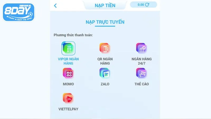 Nạp tiền 8Day siêu tốc - Hướng dẫn nạp nhanh chỉ trong 1 phút 3 Đa dạng phương thức nạp tiền nhanh, an toàn tại 8Day