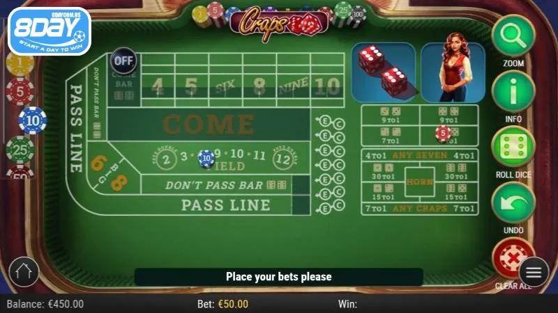 Craps 8Day - Hướng dẫn cách chơi nhận thưởng lớn tại 8Day 4 Game có tỷ lệ trả thưởng các cửa cược là 1:1