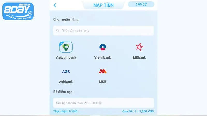 Nạp tiền 8Day siêu tốc - Hướng dẫn nạp nhanh chỉ trong 1 phút 2 Nạp tiền 8Day nhanh chóng chỉ với vài phút